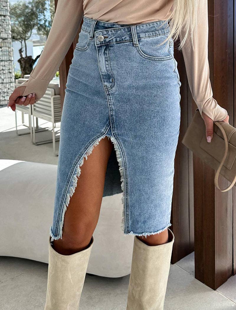 Casual Solid Denim Pencil Skirt