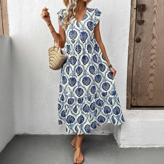 Loose-Fit Deep V-Neck Floral Print Maxi Dress