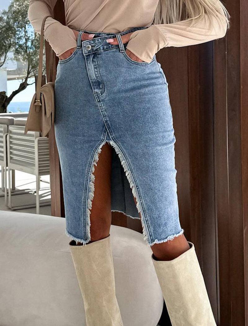 Casual Solid Denim Pencil Skirt