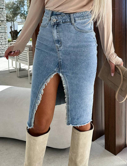 Casual Solid Denim Pencil Skirt