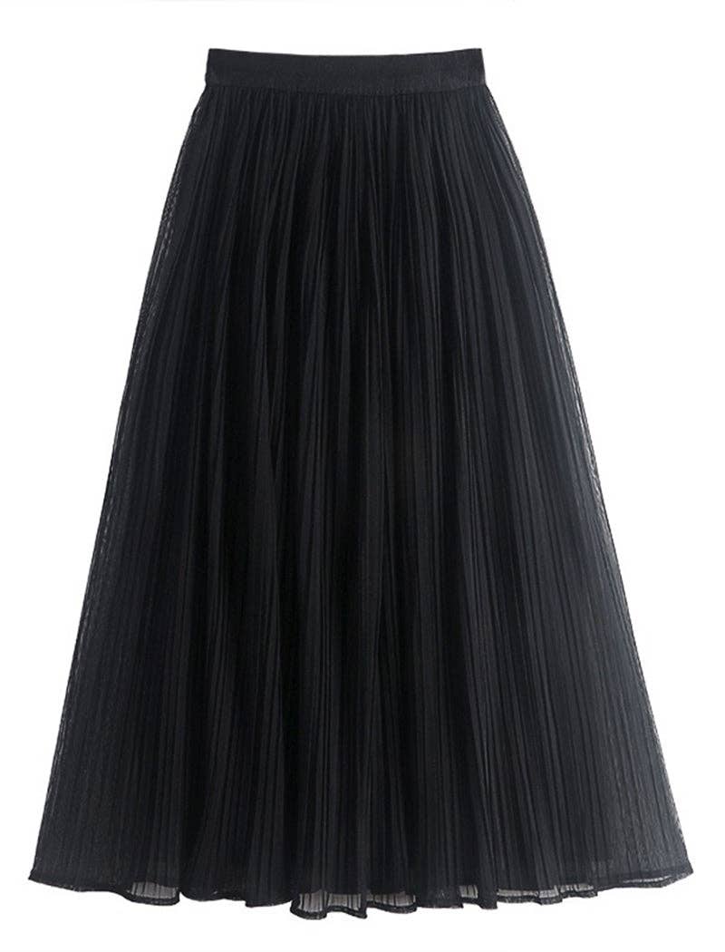Black - Reversible Pleated A-Line Midi Skirt with Mesh Details