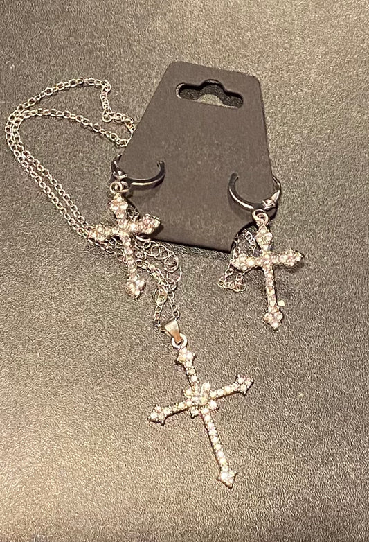 Cubic Zirconia Cross Necklace & Earring Set