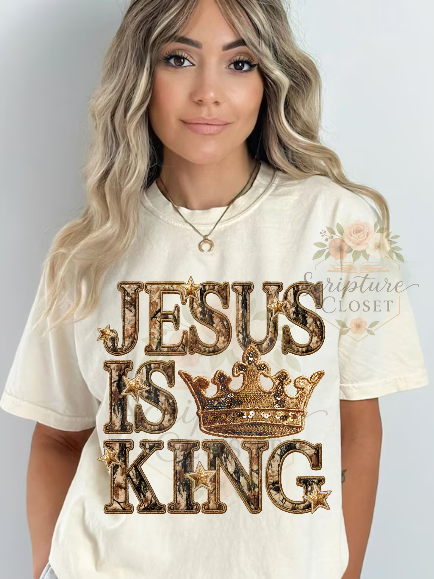 Preorder - Jesus Is King Faux Embroidery Tee