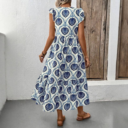 Loose-Fit Deep V-Neck Floral Print Maxi Dress